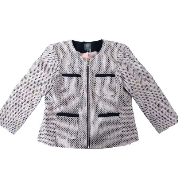 Vince Camuto Chic Tweed 4 Soft Pink Black Full Zip 3/4 Sleeve Jacket Women SZ 4 - Picture 1 of 16